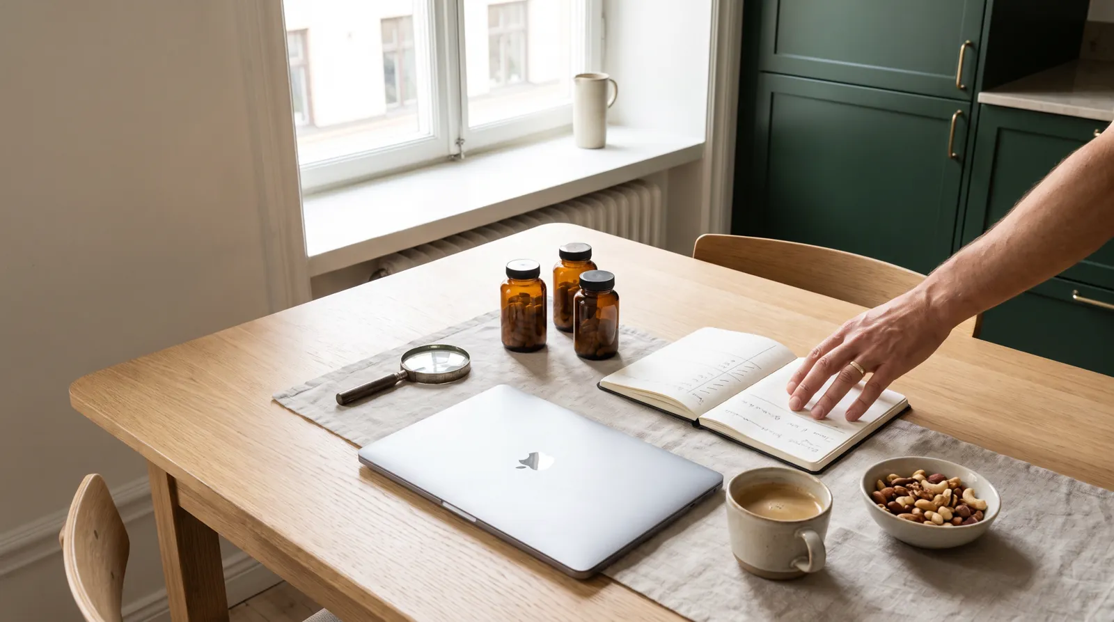 Tillskottsburkar, anteckningsbok och laptop på ett ljust köksbord