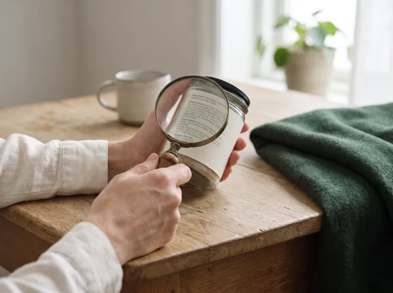 Händer som läser baksidan på en tillskottsburk med förstoringsglas