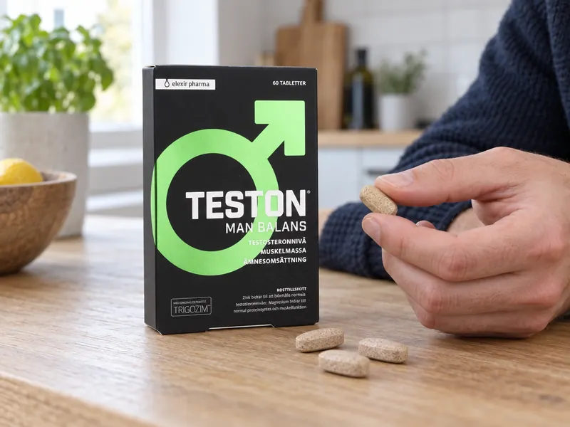 Hand som håller en tablett framför kartongen Teston Man Balans