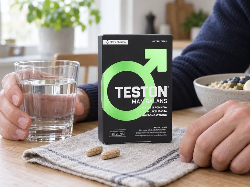Två tabletter på en servett bredvid kartongen och ett glas vatten