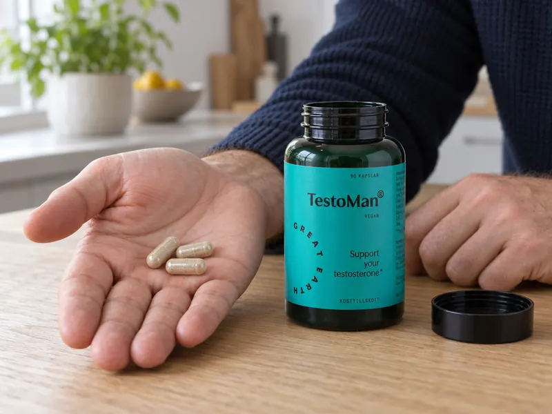 Tre kapslar i en hand framför burken TestoMan