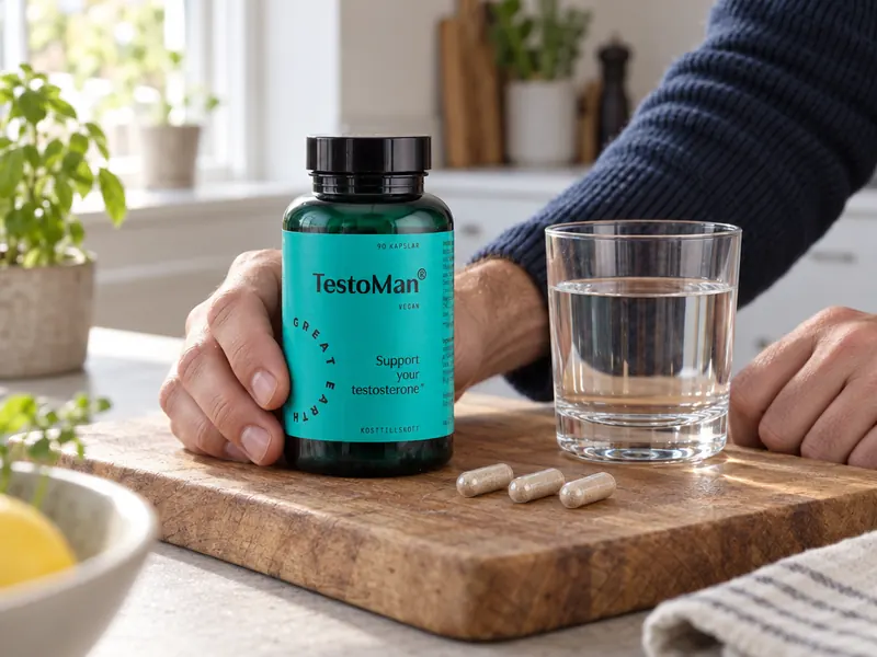 Tre kapslar på en skärbräda bredvid burken och ett glas vatten