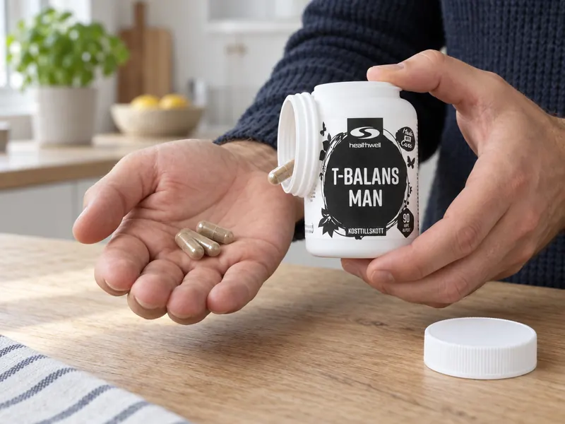 Kapslar hälls ur burken T-Balans Man i en hand