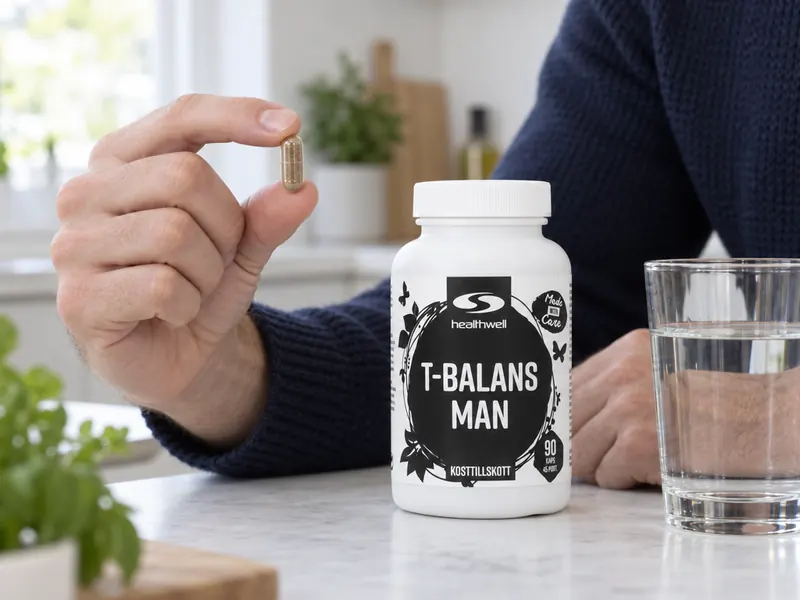 En kapsel mellan tummen och pekfingret bredvid burken och ett glas vatten