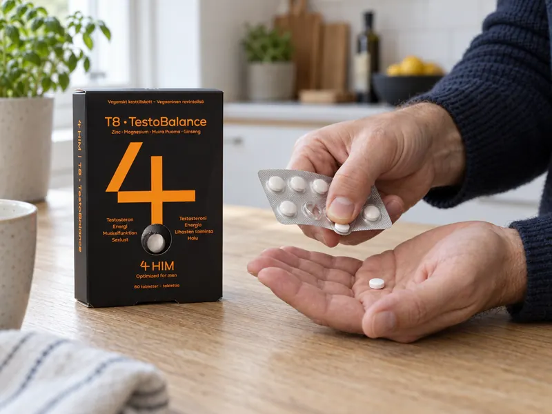 En tablett trycks ut ur blisterkartan bredvid kartongen T8 TestoBalance