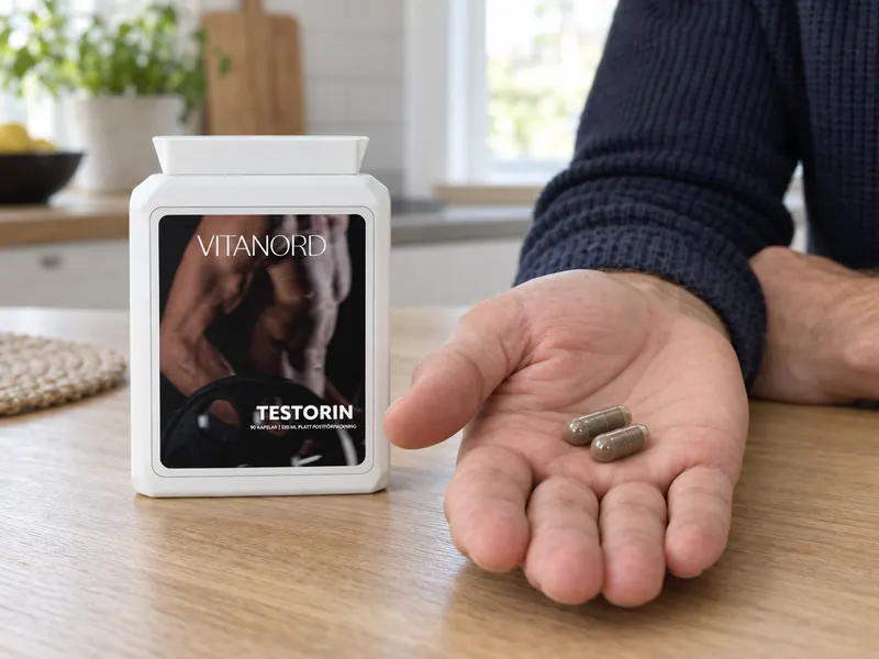 Hand med två Testorin-kapslar framför burken