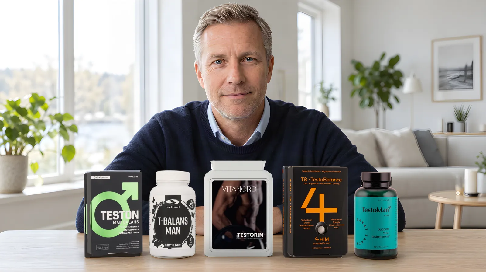 Man vid ett bord med de fem testosterontillskotten i jämförelsen